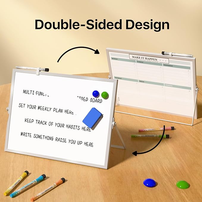 Dry Erase White Board with Stand,Double-Sided Weekly Whiteboard 16"x12",10 Markers,6 Magnets,1 Eraser,Portable Desktop Whiteboard for Planning,Weekly Schedule Board for School for Office