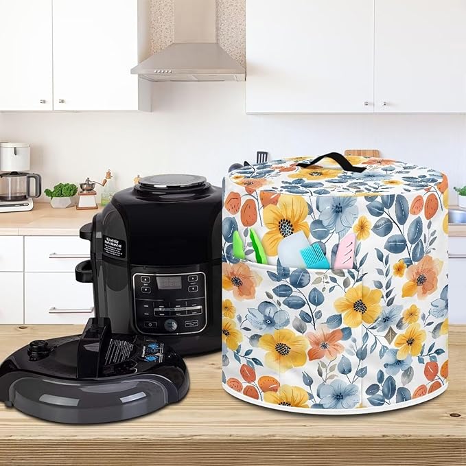 TODIYADDU White Bule Floral Pressure Cooker Cover for Women Trendy Instant Pot Cover with Top Handle and Pocket Kitchen Appliance Cover Dust Cover for 3 Quart Instant Pot and Extra Accessories