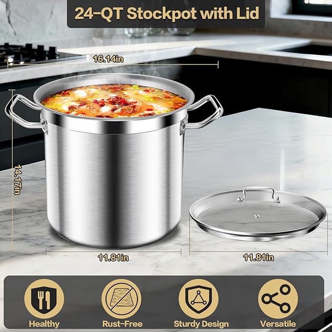 Stainless Steel Stock Pot - 24QT Heavy Duty Induction Cooking Pot with Visible Lid, Nonstick Thick Bottom Big Stockpot, Deep Cookware for Canning, Boiling Beer Brewing, Soup, Seafood Boil Soup Pots