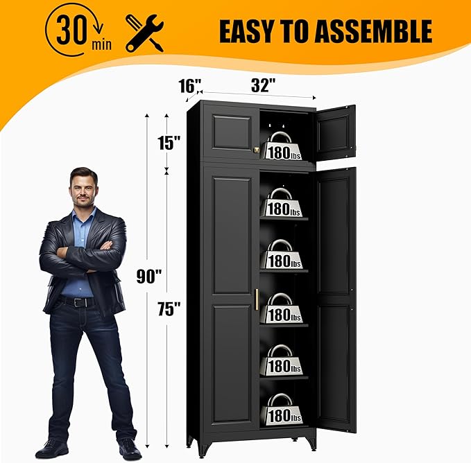 Kitchen Pantry Storage Cabinets, 90" Tall Metal Storage Cabinet with Doors and 4 Shelves, Black Pantry Cabinet, Utility Kitchen Cupboard, Large Steel Cabinets for Dining Room, Office, Living Room