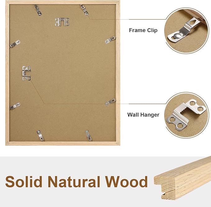 Vittanly 11x14 Picture Frame Set of 2, Solid Wood Frame for Wall Art Photo and Prints, Display Photo 8x10 with Mat or 11x14 without Mat, Natural