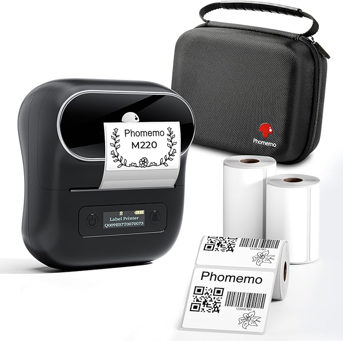 Phomemo Label Maker, M220 Thermal Label Printer, 80mm Portable Bluetooth Barcode Printer Compatible with Andriod/iOS for Home, Office, Small Business, with 3 Packs Label & Case