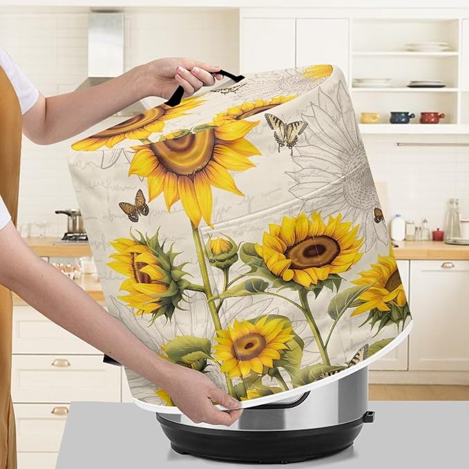 Air Fryer Cover, 6 Quart Appliance Covers for Kitchen Counter Pressure Cooker Air Fryer Rice Cooker Dust Cover with Storage Pockets, Sunflower Beige