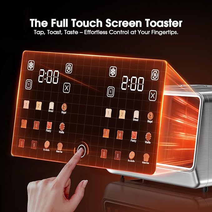 Smart Toaster 4 Slice Wide Slot– Dual Digital TouchScreen & Independent Control for Family | 1800W Stainless Steel for 6 Bread Types & Toast Settings | Defrost Reheat & Single-Slice Modes