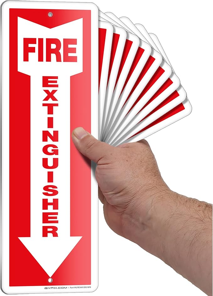 iSYFIX Fire Extinguisher Aluminum Signs – 10 Pack 4x12 Inch – Laminated for Ultimate UV and Fade Resistance, Indoor and Outdoor, for Business, Schools, Hospitals, Home