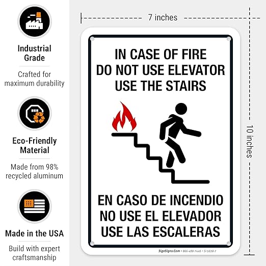 in Case of Fire Do Not Use Elevator Use The Stairs Bilingual Sign, Fire Safety Sign, 10x7 Inches, 55 mil Thick HDPE (high Density polyethylene), Made in USA