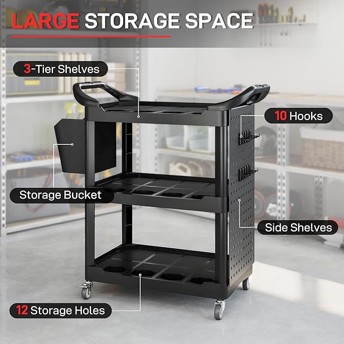 HOMCOM 3 Tier Utility Cart on Wheels, Rolling Tool Storage with Pegboards and Bucket, 200 LBS Load Capacity Plastic Service Cart for Garage, Warehouse, Workshop, Black