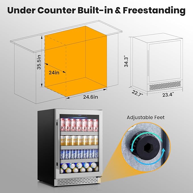 24 Inch Beverage Refrigerator,190 Cans Freestanding/Under Counter Beverage Fridge with Glass Door,Air Cooling Wine Beverage Cooler with Reversible Door,Memory Function for Wine,Beer and Soda