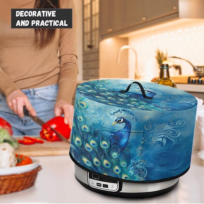 Blue Peacock Floral Print Slow Cooker Cover Fits 6/7/8 Quart Large Crock Pot Practical Electric Pressure Cooker Cover Keep Kitchen Clean and Easy to Use, 16x14x9.6 Inch