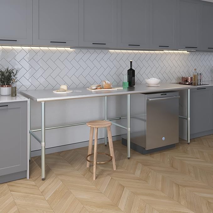 AmGood Stainless Steel Work Table Open Base | NSF Kitchen Island Food Prep | Laundry Garage Utility Bench (96" Long X 30" Deep)