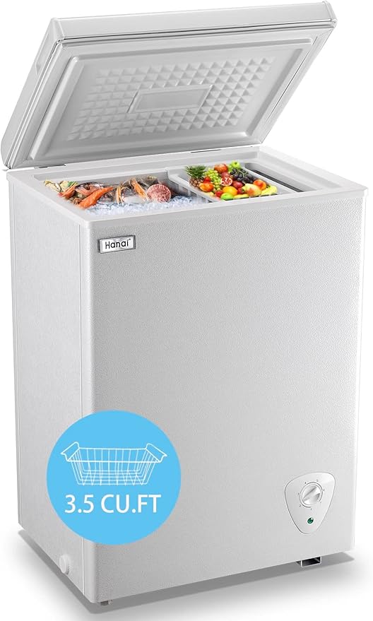 Chest Freezer 3.5 Cu.Ft Small Deep Freezer Top Door Mini Freezer with Removable Basket, Low Noise, 7 Adjustable Temperature and Energy Saving Perfect for Home Garage Basement Dorm or Apartment White