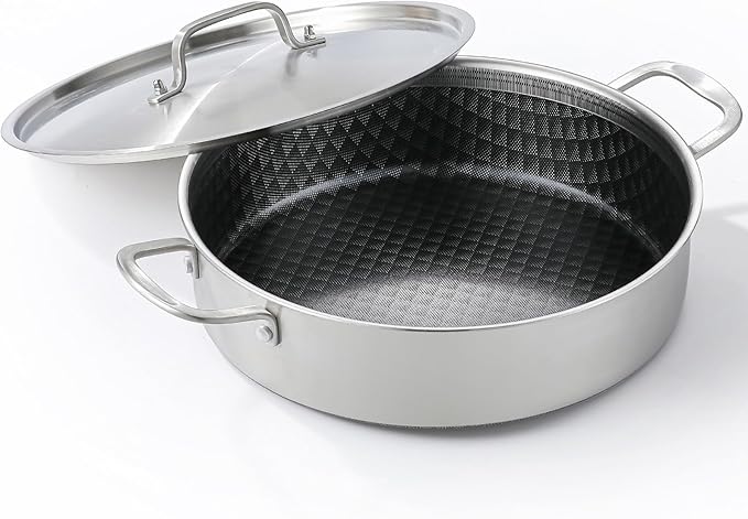 DELARLO 7Quart Tri-Ply Stainless Steel Non Stick Braiser Pan with Lid,Deep Frying Pan,Large Induction Skillet,Jumbo Cooker,Heavy Duty and Oven Safe.Large Saute Pan,Dishwasher and Oven Safe to 550℉