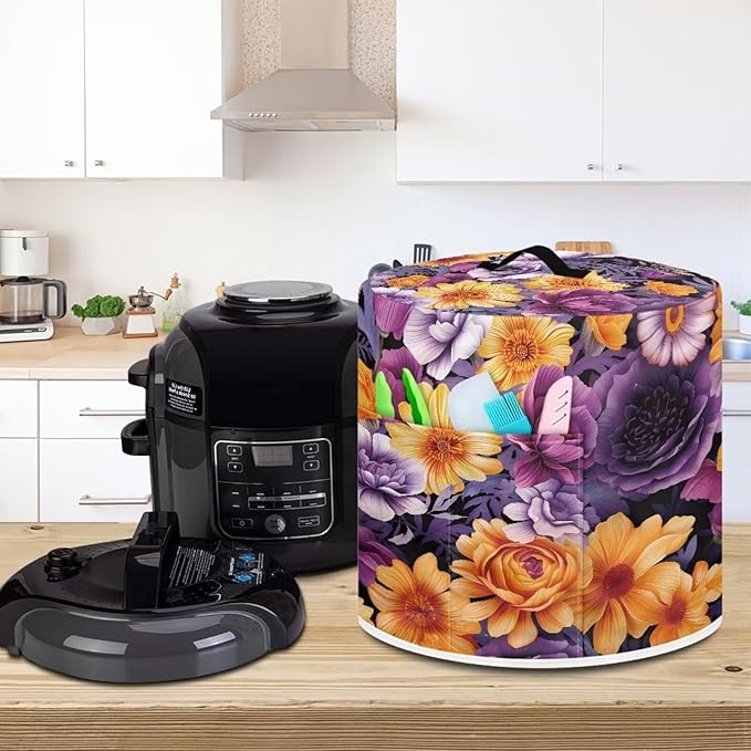 Flower Print Pressure Cooker Cover for 8 Quart Instant Pot and Air Fryer Accessories, Stain Resistant Washable Round Protective Cover Electric Appliance Cover with Front Pocket