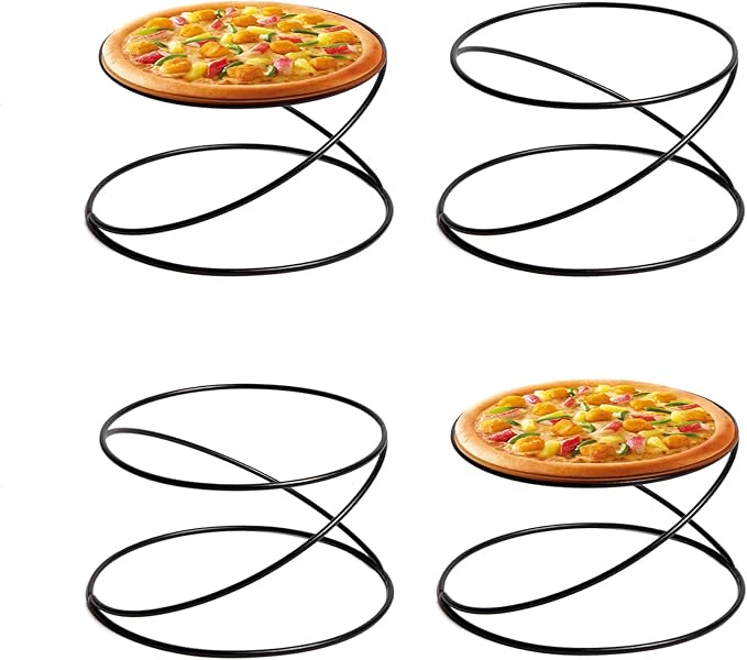 HPC DECOR Set of 4 Black Metal Wire Pizza Pan Riser Stands- Round Pizza Tray Riser Rack - Tabletop Display Racks for Food Platter Tray- Metal Display Stands for Home, Restaurant and Party