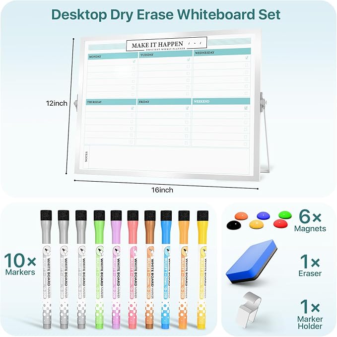 Dry Erase White Board with Stand,Double-Sided Weekly Whiteboard 16"x12",10 Markers,6 Magnets,1 Eraser,Portable Desktop Whiteboard for Planning,Weekly Schedule Board for School for Office