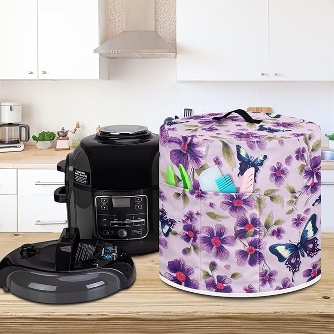 Purple Butterfly Flower Dust Cover for Kitchen Instant Pot Accessories Appliance Cover Quart Pressure Cooker Air Fryer Rice Cooker Kitchen Appliance Dust Covers with Storage Pockets Size M