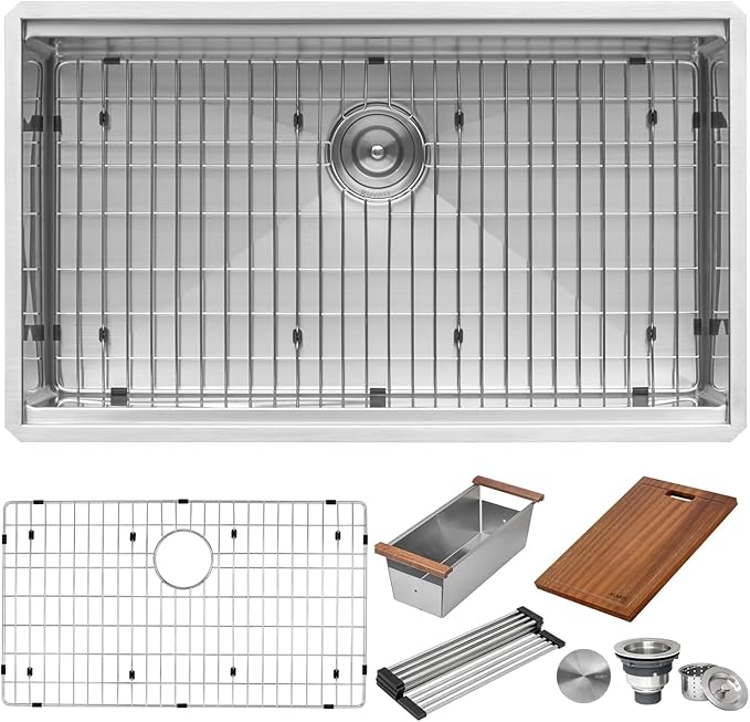 Ruvati 30-inch Round Corner Undermount 16 Gauge Stainless Steel Workstation Kitchen Sink Single Bowl – Soundproof Multifunction Chef Sink with Cutting Board & Accessories – RVH8320