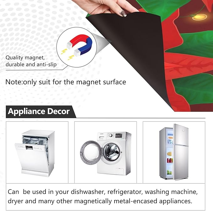 Red Poinsettia Flowers Christmas Lights Dishwasher Magnet Cover Sticker Magnetic Refrigerator Panel Front Door Fridge Microwave Decal Decorative