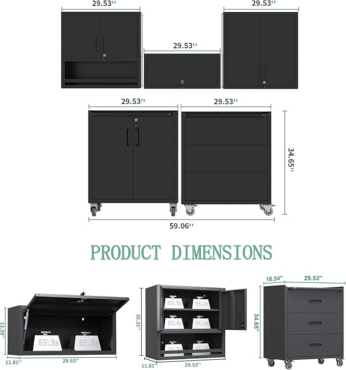 Metal Tool Cabinet,Garage Storage Cabinet System,Wall Cabinet & Locking Rolling Tool Cabinet with Doors and Adjustable Shelves,Steel Tool Cabinets for Home (5 Pcs-StyleB, Black)