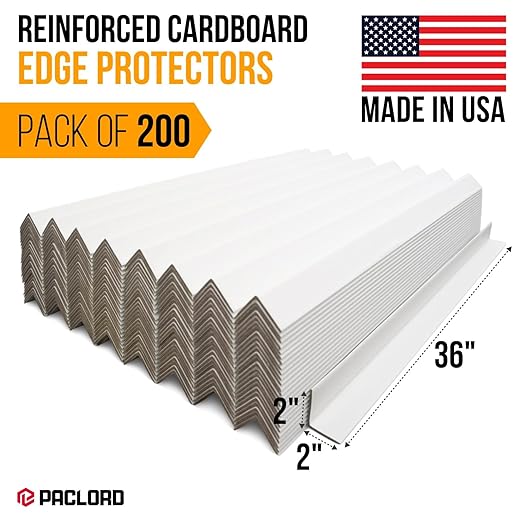 36" x 2" x 2" Reinforced Cardboard Edge Protectors, White (Pack of 200) – 0.16" Thick Heavy-Duty Cardboard Corner Protectors for Shipping – American Quality V-Board Pallet Edge Guard