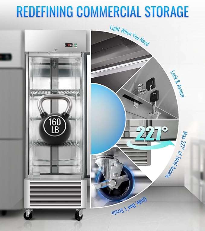 27" W Commercial Refrigerator, 23.6Cu.ft Reach-In Single Door Stainless Steel commercial fridge, 3 Shelves, Fan Cooling, Auto Defrost, Digital Thermostat - Ideal for Restaurant, Bar, Cafe, Shop