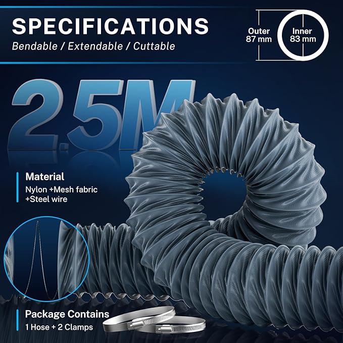 Hon&Guan Diesel Heater Ducting 3" x 8FT, Nylon Flexible Duct Hose, Heavy Duty Hose for Diesel Heater, 3D Printer, Laser Machine, Dryer Vent, RV, Boat Blower, Grey