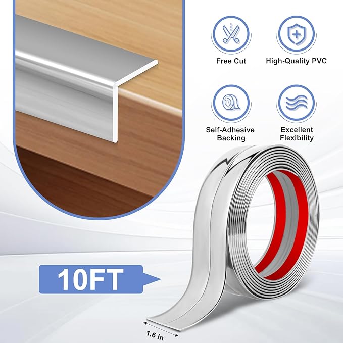 Wall Corner Protector Moulding Trim Peel and Stick Wall Corner Guards Trim Flexible Self Adhesive Edge Protector Moulding, 1.6 in x 10 Ft, Silver
