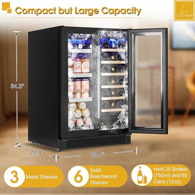 24 Inch Wine and Beverage Refrigerator, Dual Zone Wine and Drink Fridge with Glass Door&Lock for 20 Bottles and 60 Cans, Under Counter Wine Cooler Refrigerator Built-in Counter or Freestanding