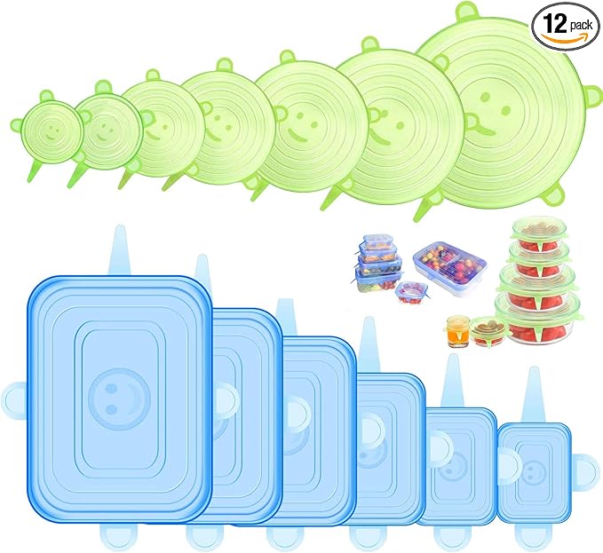 Silicone Stretch Lids for Food Storage in Fridge, 12 Pack Silicone Lids, Reusable Food Grade Silicone Bowl Covers for Cups, Bowls and Dish, 6 Sizes Round and Rectangle Shape
