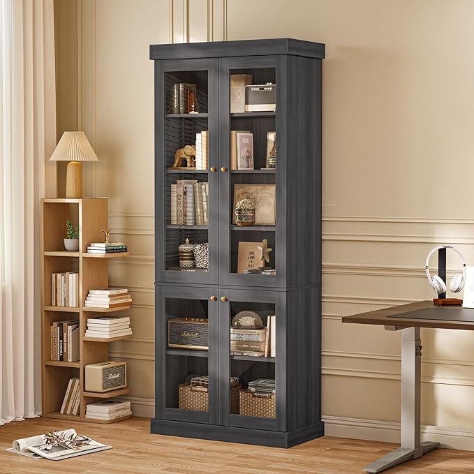 70.8" Bookshelf with Glass Doors, Farmhouse Modular Bookcase with 6-Tier Adjustable Shelves, Large Storage Cabinet for Living Room & Home Office, Set of 4, Black