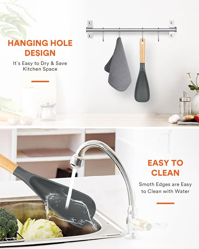 Cooking Spoon for Nonstick Cookwares, Great for Cooking and Serving Sturdy BPA-Free Matte Silicone, Wood Handle Spoon for Mixing, Scoop, and Scrape (GREY, 11.4 inch)