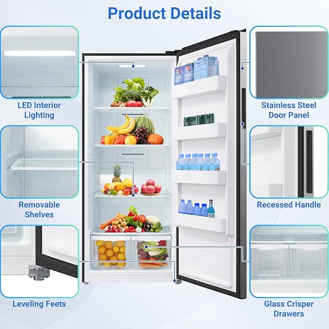 Smad Stand Up Freezer, Frost Free Upright Freezer 21 Cu.Ft., Convertible Freezer/Refrigerator with Drawers and LED Light for Garage, Home,Office, Stainless Steel, Right Open Door