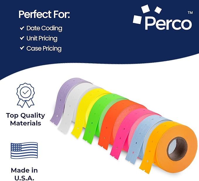 Perco 1 Line Multicolored Sleeves—32 Rolls, 4 Sleeves, 32,000 Labels for Perco Lite, X, Plus & Pro Guns—Includes White, Yellow, Blue, Lavender & Fluorescent Colors (Red Green Pink Orange)—Made in USA