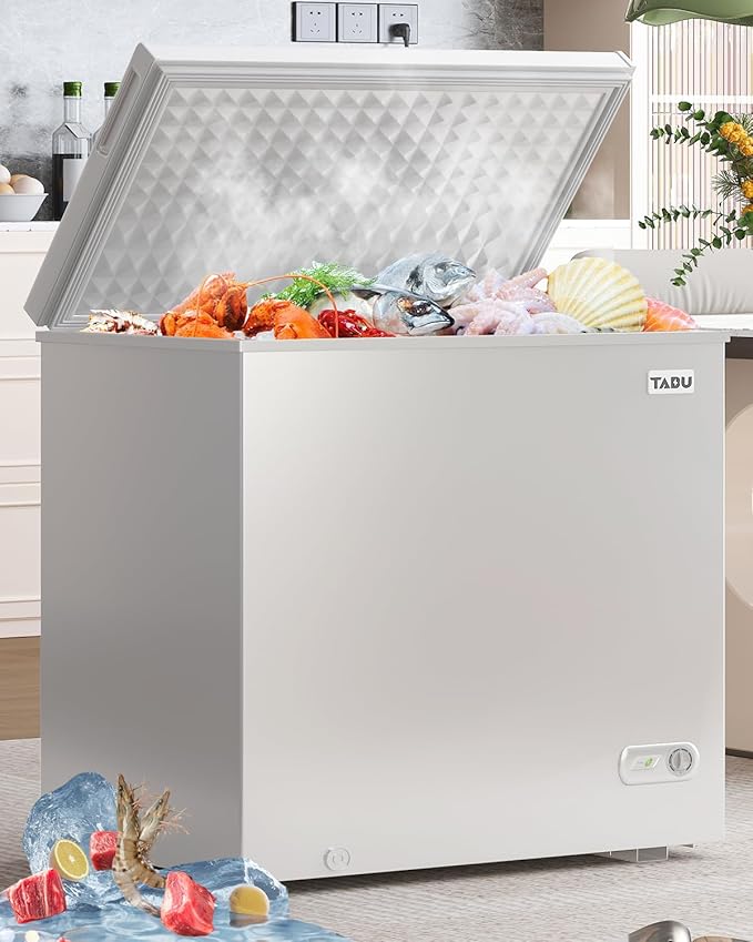 TABU 10 Cu Ft Chest Deep Freezer, Large Chest Freezer with 7 Level Adjustable Temperature,Compact Freestanding Top-opening Deep Freezer with Removable Storage Basket, White