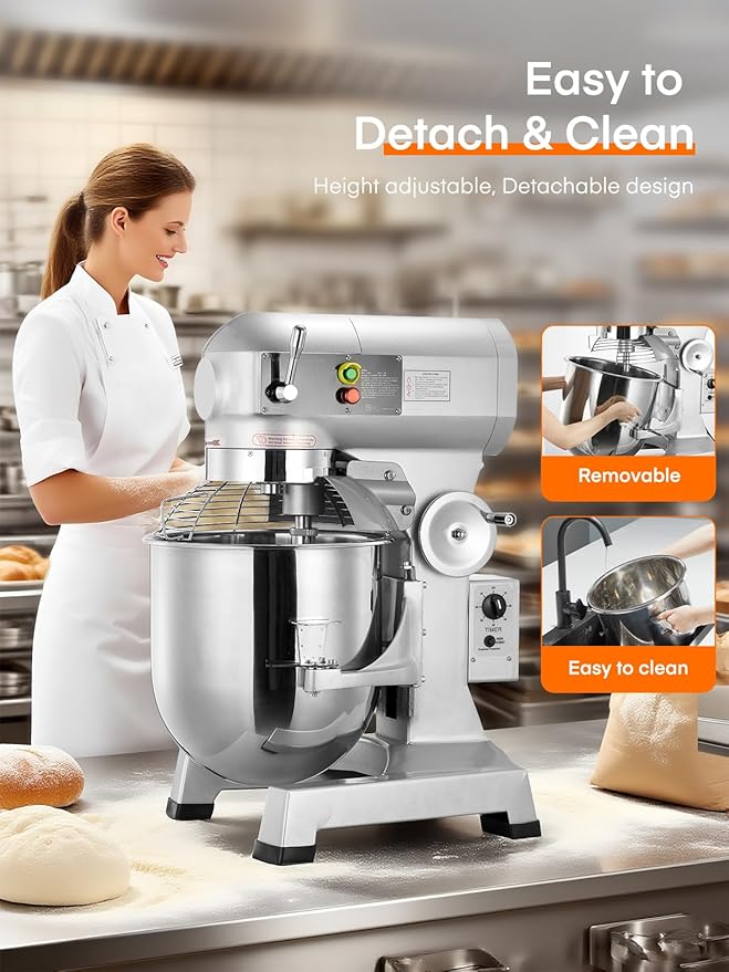 Commercial Mixer, 15/30QT Commercial Food Mixer, Dough Mixer with Stainless Steel Bowl, 3 Speeds Adjustable and Safety Guard, Dough Hook Whisk Beater Included, Ideal for Bakery Pizzeria (30QT)