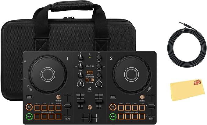 Pioneer DJ AlphaTheta DDJ-FLX2 Compact 2-Channel DJ Controller Bundle with Case, Instrument Cable, and Austin Bazaar Polishing Cloth