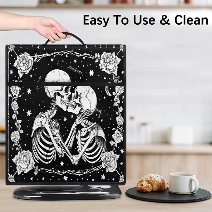 Kitchen Aid Mixer Cover Halloween Flower White Skull Stand Mixer Cover Compatible with 6-8 Quarts Stand Mixers, Dust Covers with Zipper Pocket Foldable Washable Kitchen Aid Organizer Bag