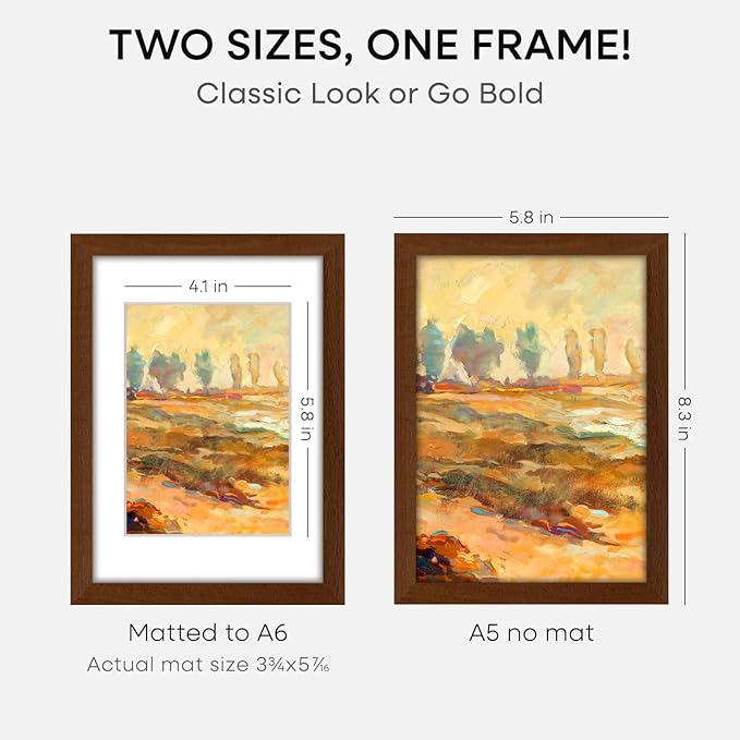Homeforia A5 Picture Frame Brown, High-End Dark Oak 5.8x8.3 Wood Frame Matted to 4.1x5.8 inch Photo, A5 Size Walnut Wooden Frames with Mat A6 Print, 5.8 x 8.3 Frame, Tempered Glass, Wall Kit, Set of 3