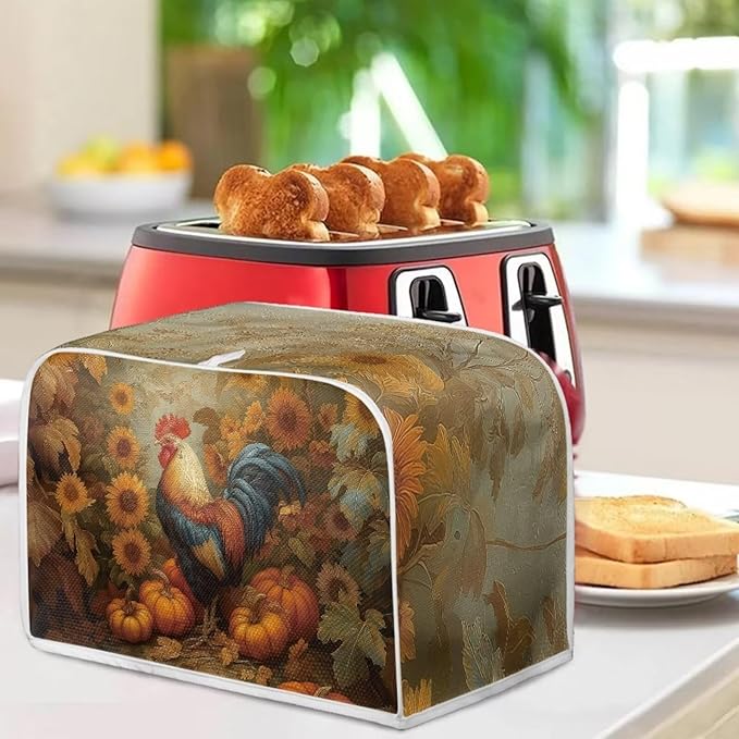UNICEU Fall Toaster Cover 2 Slice Rooster Pumpkin Sunflower Print Stain Resistant Dust Proof Cover for Bread Maker Washable Kitchen Small Appliance Covers
