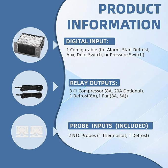 for Dixell XR02CX-4N1F1 Temperature Controllers, Programmable Digital Thermostat with Sensor Probe Fit for 120V 50-60hz Commercial Refrigerators/Freezer (Includes Mounting Hardware)