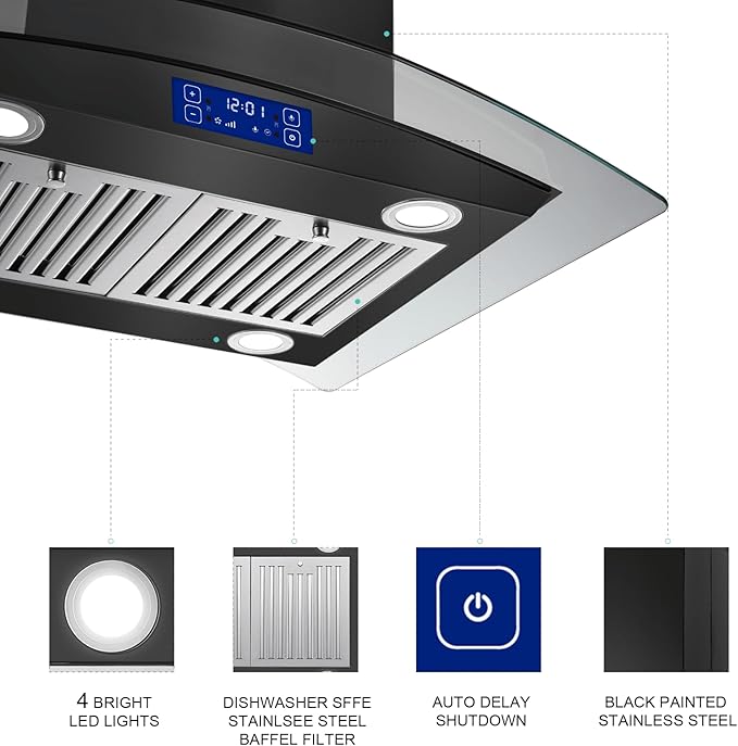 30 Inch Island Range Hood Black 700CFM, Gesture & Touch Panel Ceiling Mount Vent Hood, Stainless Steel Kitchen Exhaust Fan Convertible, Tempered Glass, LED lights, Permanent Baffle Filters
