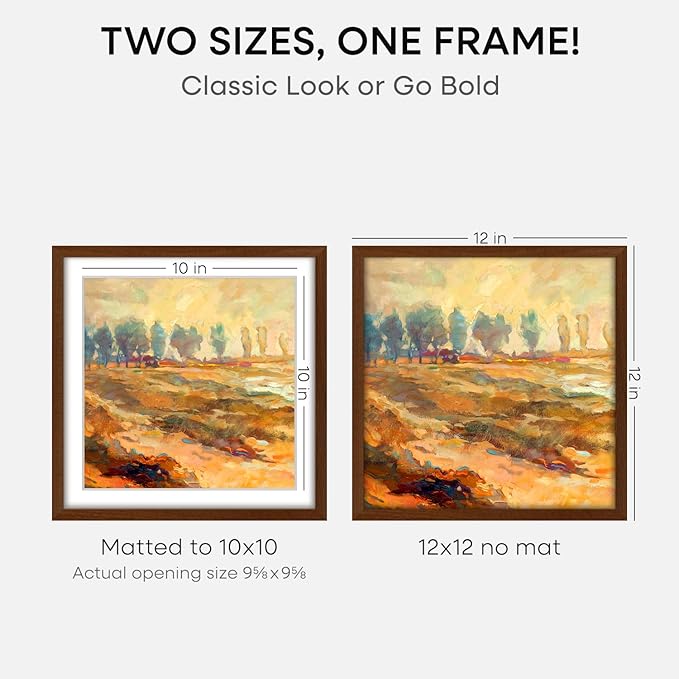 Homeforia 12x12 Frame Brown Wood, High End Dark Oak 12 x 12 Square Picture Frame with Mat 10 x 10 for Photo, 12by12 Wooden Walnut Poster Frame Matted to 10x10 Print, Tempered Glass, Wall Kit, Set of 2