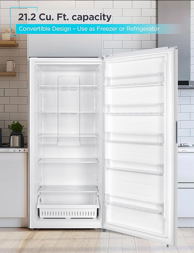 BLACK+DECKER 21.2 Cu. Ft. Convertible Freezer Refrigerator, Upright Freezer with Glass Shelves, Reversible Door, ENERGY STAR rated, Frost Free, BUC2120MW, White