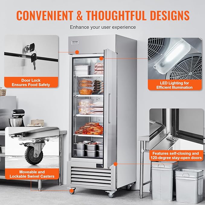 VEVOR Commercial Freezer 19.32 Cu.ft, Reach In 27" W Upright Freezer Single Door, Auto-Defrost Stainless Steel Reach-in Freezer with 4 Adjustable Shelves, -13 to 5℉ Temp Control, LED Light, 4 Wheels