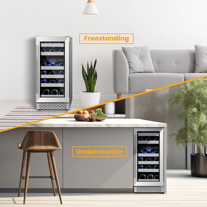 Wine Fridge Freestanding,15 Inch Wine Cooler Under Counter,28 Bottle Built-in Dual Zone Wine Refrigerator with Stainless Steel Reversible Door for Home and Kitchen