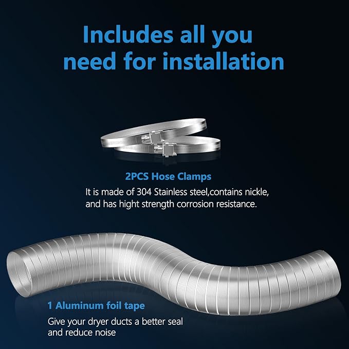 Hon&Guan 4-inch Semi Rigid Dryer Vent Hose, 5 Feet Flexible Aluminum Duct with 2 Clamps, and Aluminum Foil Tape