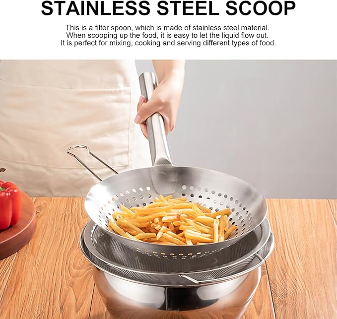 Stainless Steel Skimmer Spoon Kitchen Serving Spoon with Filter Large Slotted Strainer Spoon Oil Filter Spoon Mesh Wire Frying Spoon 9.5 x 7 inch