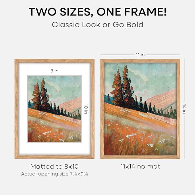 Homeforia 11x14 Picture Frame Wood, High End Natural Oak 11x14 Light Wooden Poster Frames with Mat 8x10, 11 x 14 Frames Matted to 8 x 10 Photo, 14x11 Hanging Frames, Tempered Glass, Wall Kit, Set of 3