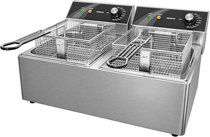 Commercial Deep Fryer Stainless Steel Dual Tank Electric Deep Fryer with 2 Baskets Capacity 2 X 10L Electric Countertop Fryer for Restaurant and Home Use, 120V 3600W