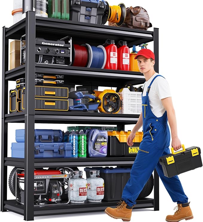 72''H/47''W Garage Shelving 5-Tier Adjustable Metal Garage Shelves Heavy Duty Unit,3000 LBS Steel Shelf Storage Rack Suitable for Industries,Warehouses,Basement,Black (72''H x 47''W x 20''D)